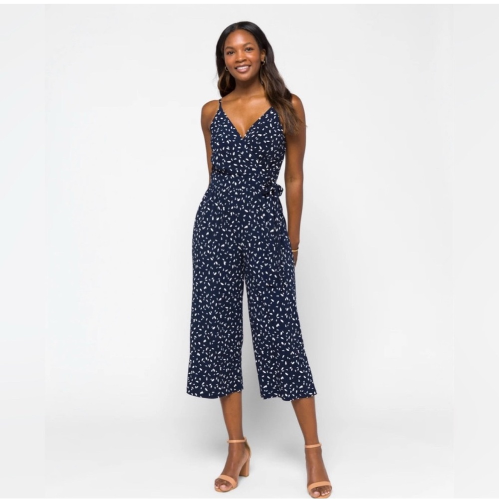 Kaileigh Navy Rica Printed Spaghetti-Strap Knit Crop Jumpsuit sz M